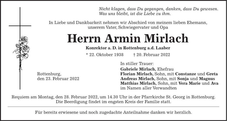 Traueranzeige Armin Mirlach