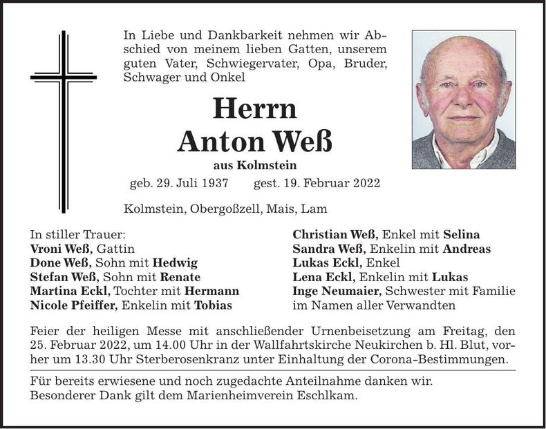 Traueranzeige Anton Weß
