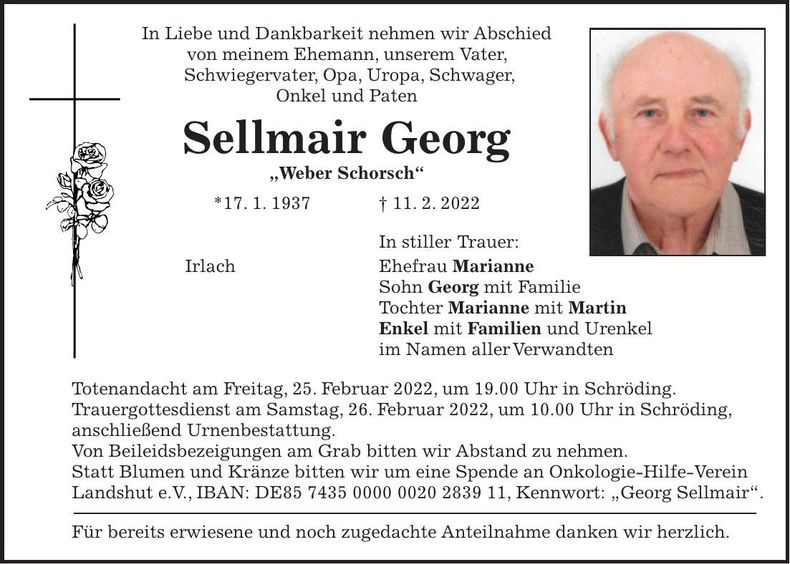 Traueranzeige Georg Sellmair