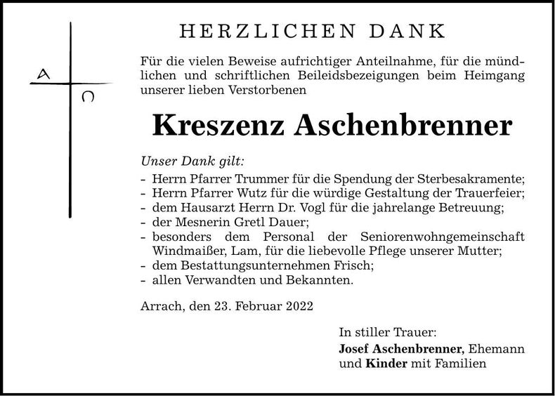 Traueranzeige Kreszenz Aschenbrenner