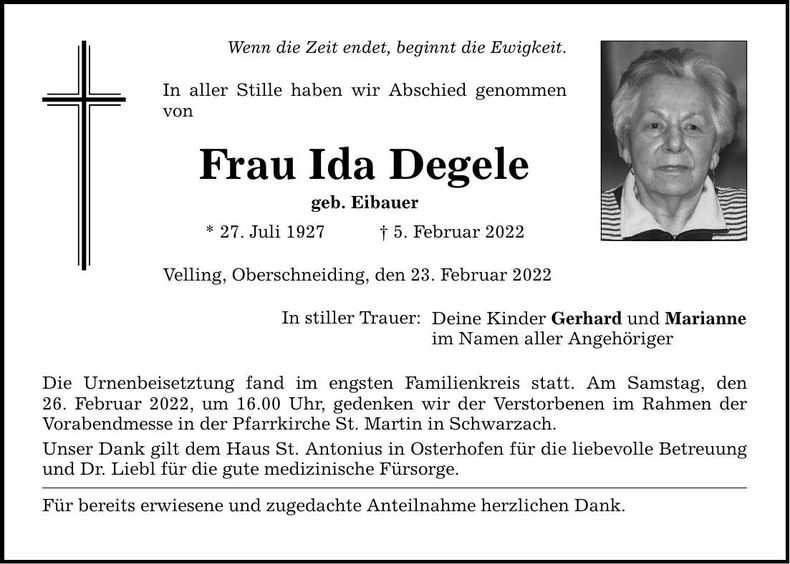 Traueranzeige Ida Degele