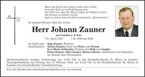 Traueranzeige Johann Zauner