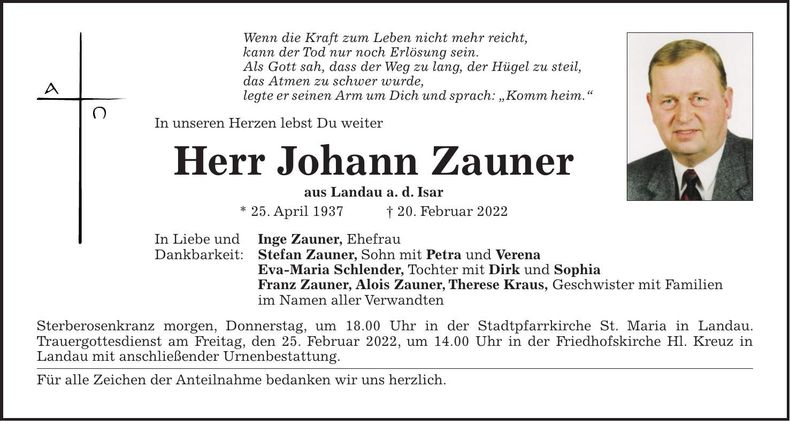 Traueranzeige Johann Zauner