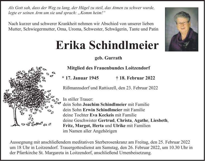Traueranzeige Erika Schindlmeier