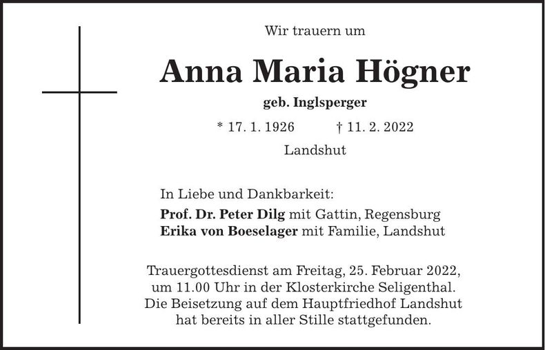 Traueranzeige Anna Maria Högner