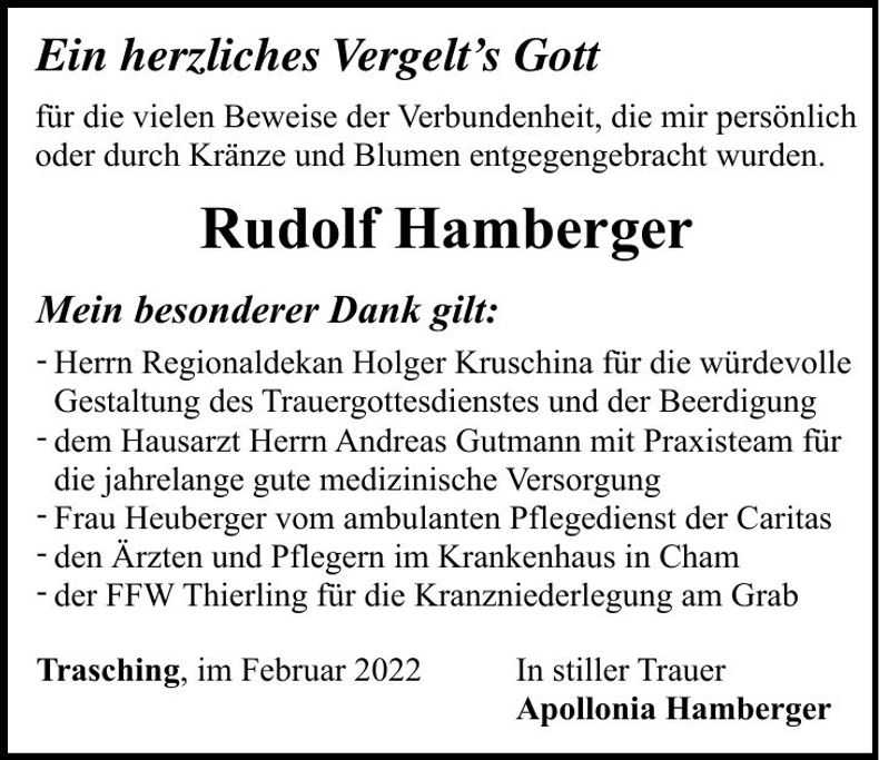 Traueranzeige Rudolf Hamberger