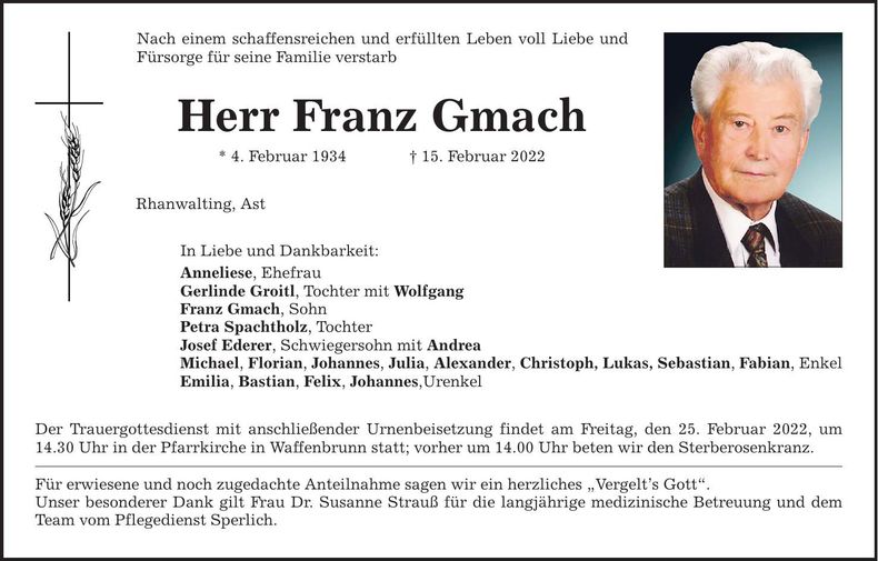 Traueranzeige Franz Gmach