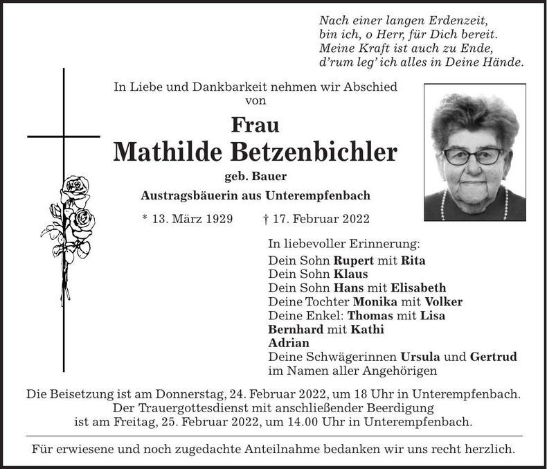 Traueranzeige Mathilde Betzenbichler