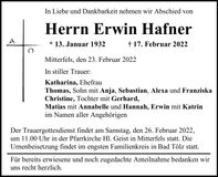 Traueranzeige Erwin Hafner