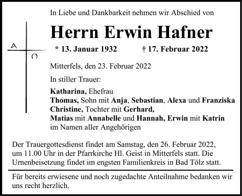 Traueranzeige Erwin Hafner
