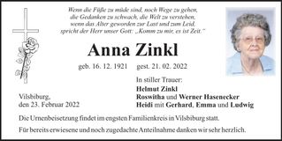 Traueranzeige Anna Zinkl