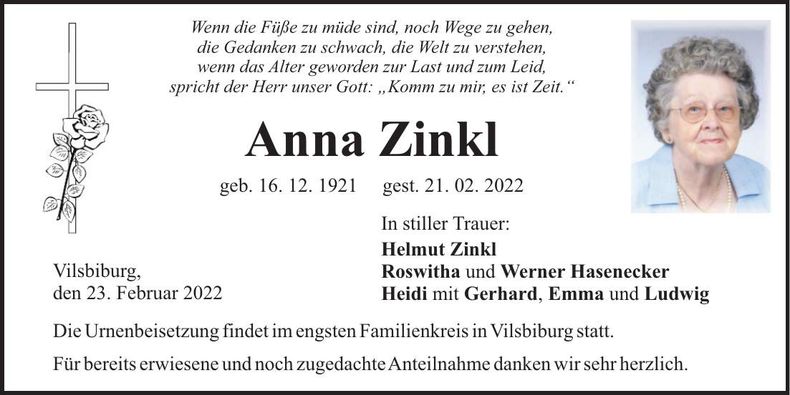 Traueranzeige Anna Zinkl