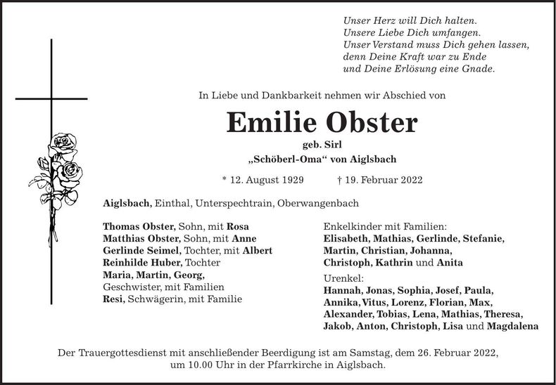 Traueranzeige Emilie Obster