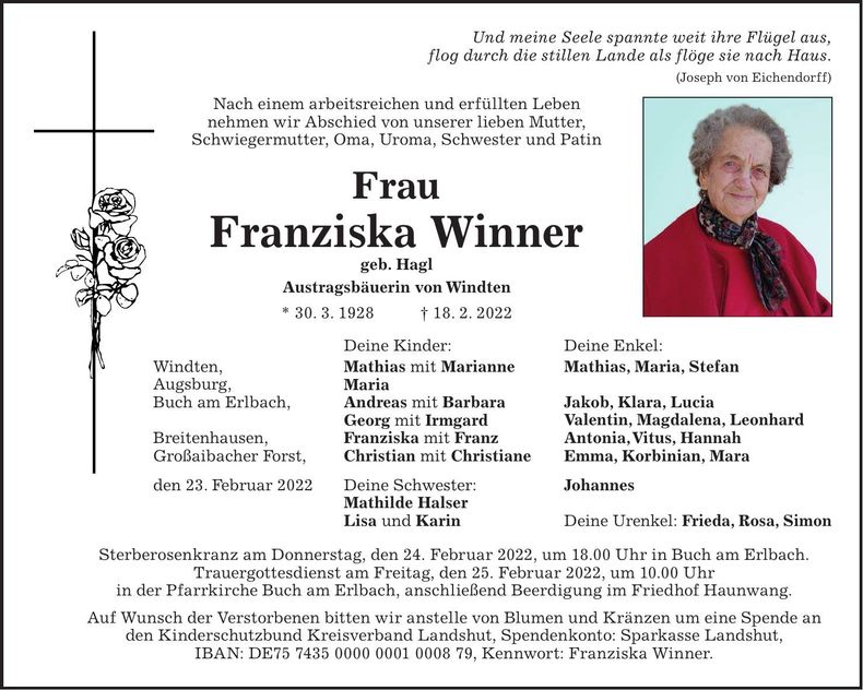 Traueranzeige Franziska Winner