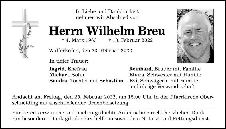Traueranzeige Wilhelm Breu