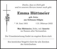 Traueranzeige Emma Hüttmeier