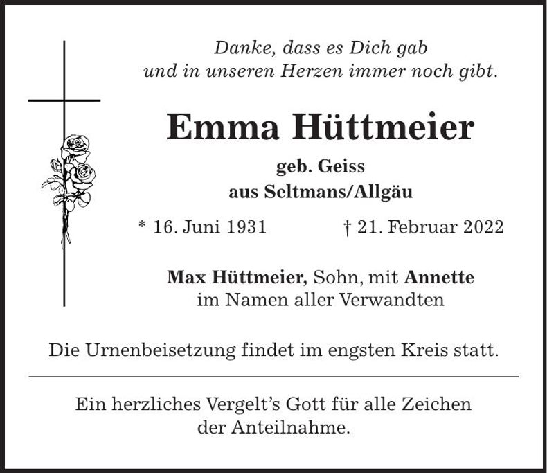 Traueranzeige Emma Hüttmeier
