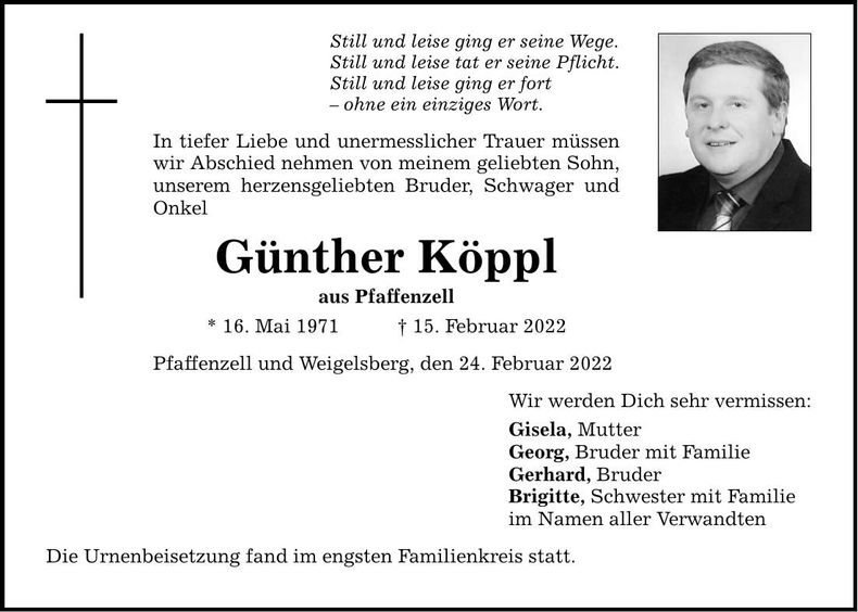Traueranzeige Günther Köppl