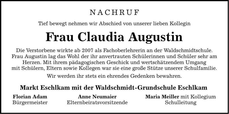 Traueranzeige Claudia Augustin