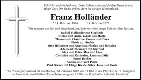 Traueranzeige Franz Holländer