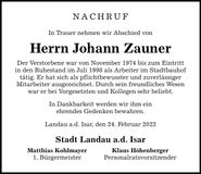 Traueranzeige Johann Zauner