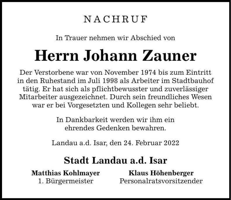 Traueranzeige Johann Zauner