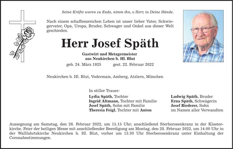Traueranzeige Josef Späth