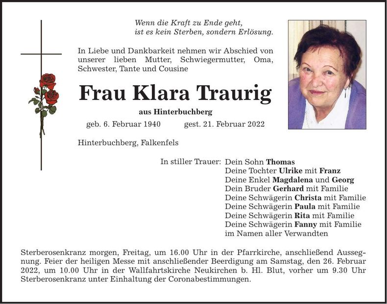 Traueranzeige Klara Traurig