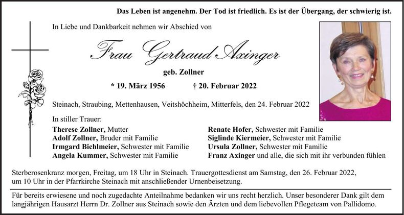 Traueranzeige Gertraud Axinger