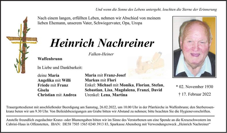 Traueranzeige Heinrich Nachreiner