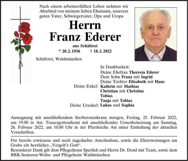 Traueranzeige Franz Ederer