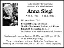 Traueranzeige Anna Siegl
