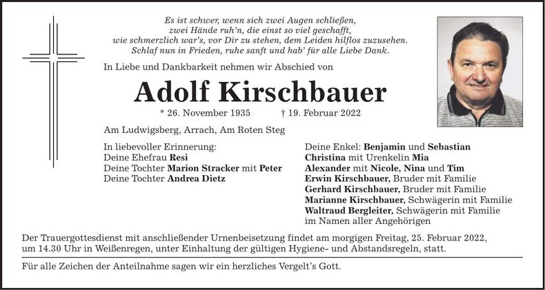Traueranzeige Adolf Kirschbauer