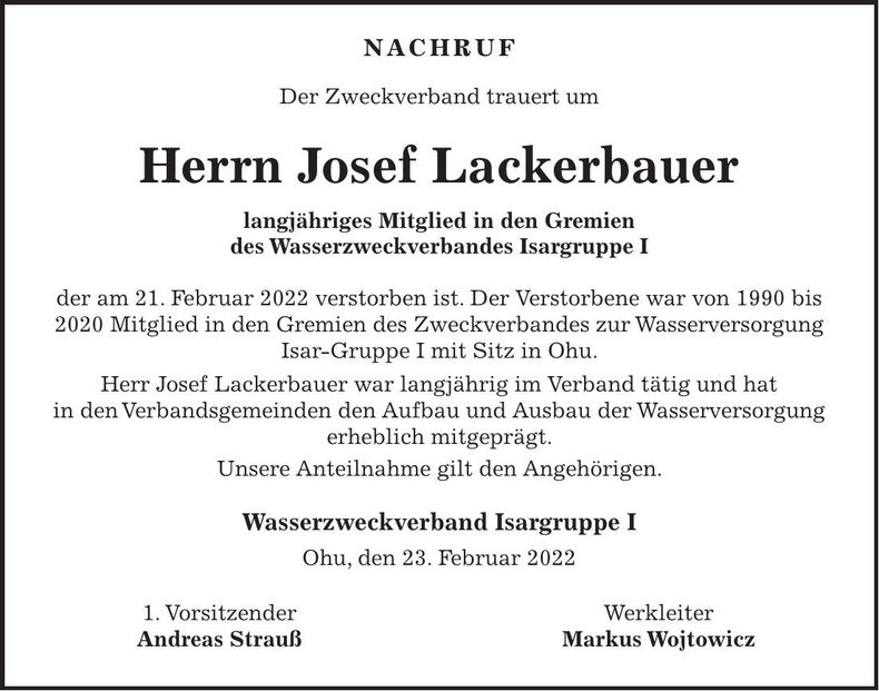 Traueranzeige Josef Lackerbauer