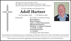 Traueranzeige Adolf Hartner