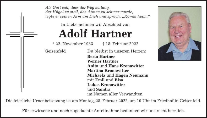 Traueranzeige Adolf Hartner