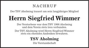 Traueranzeige Siegfried Wimmer