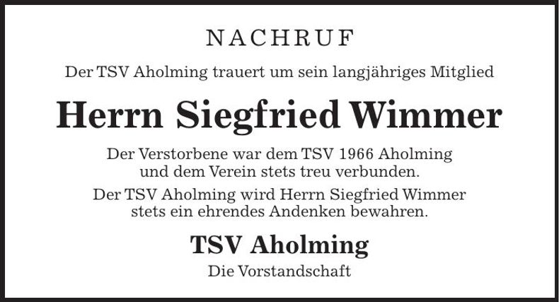 Traueranzeige Siegfried Wimmer