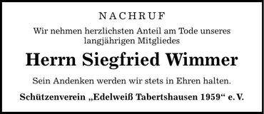 Traueranzeige Siegfried Wimmer