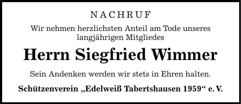 Traueranzeige Siegfried Wimmer