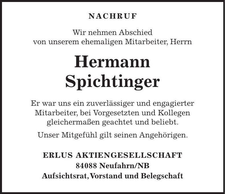 Traueranzeige Hermann Spichtinger