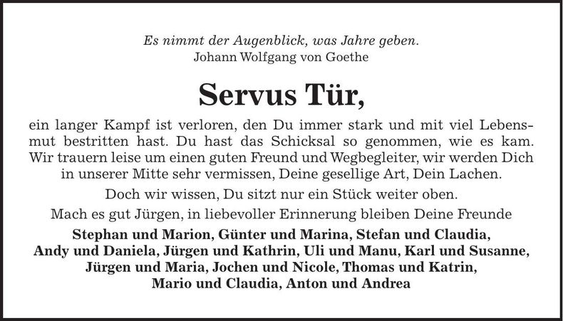 Traueranzeige Jürgen Servus Tür