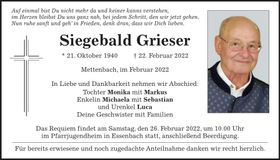Traueranzeige Siegebald Grieser