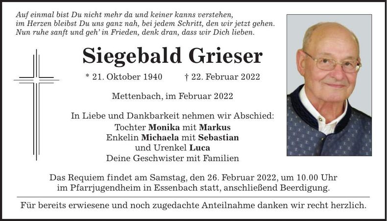 Traueranzeige Siegebald Grieser