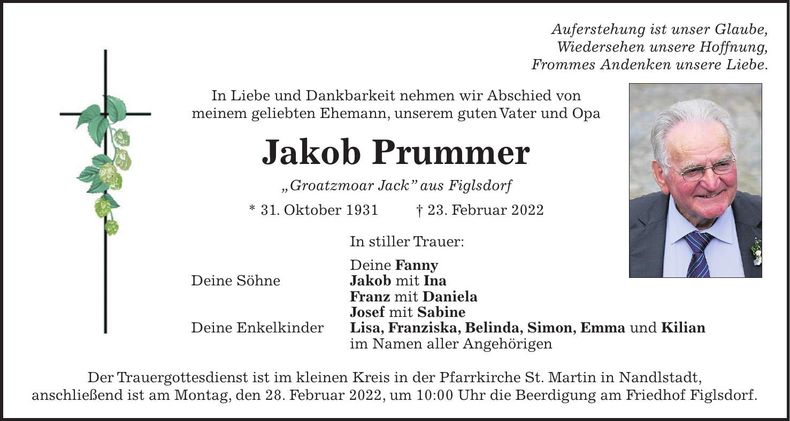 Traueranzeige Jakob Prummer