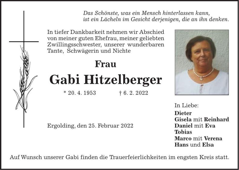 Traueranzeige Gabriele Hitzelberger