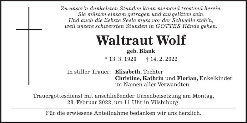 Traueranzeige Waltraut Wolf
