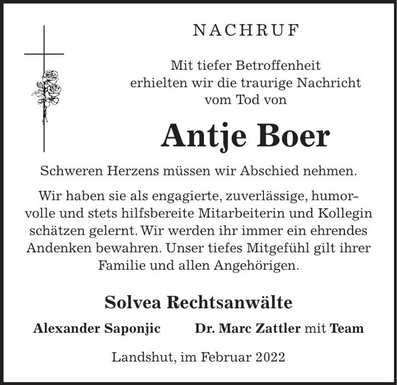 Traueranzeige Antje Boer