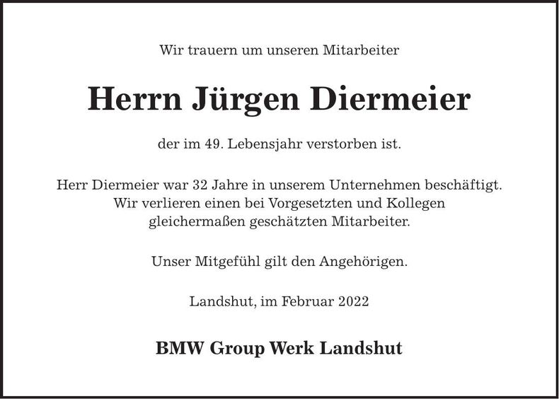 Traueranzeige Jürgen Diermeier