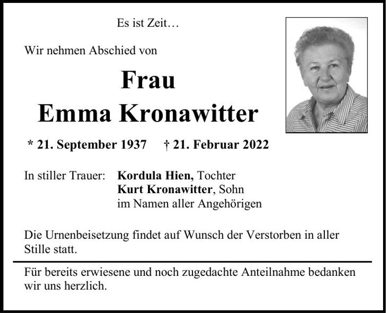 Traueranzeige Emma Kronawitter